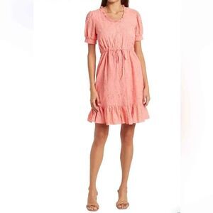 NWOT Nanette Lepore Womens 12 Coral Cotton Eyelet Puff Sleeve Tie Waist Dress